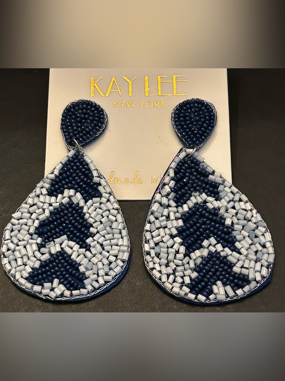 Navy and Light Gray Hand Beaded Teardrop Design Statement Earrings